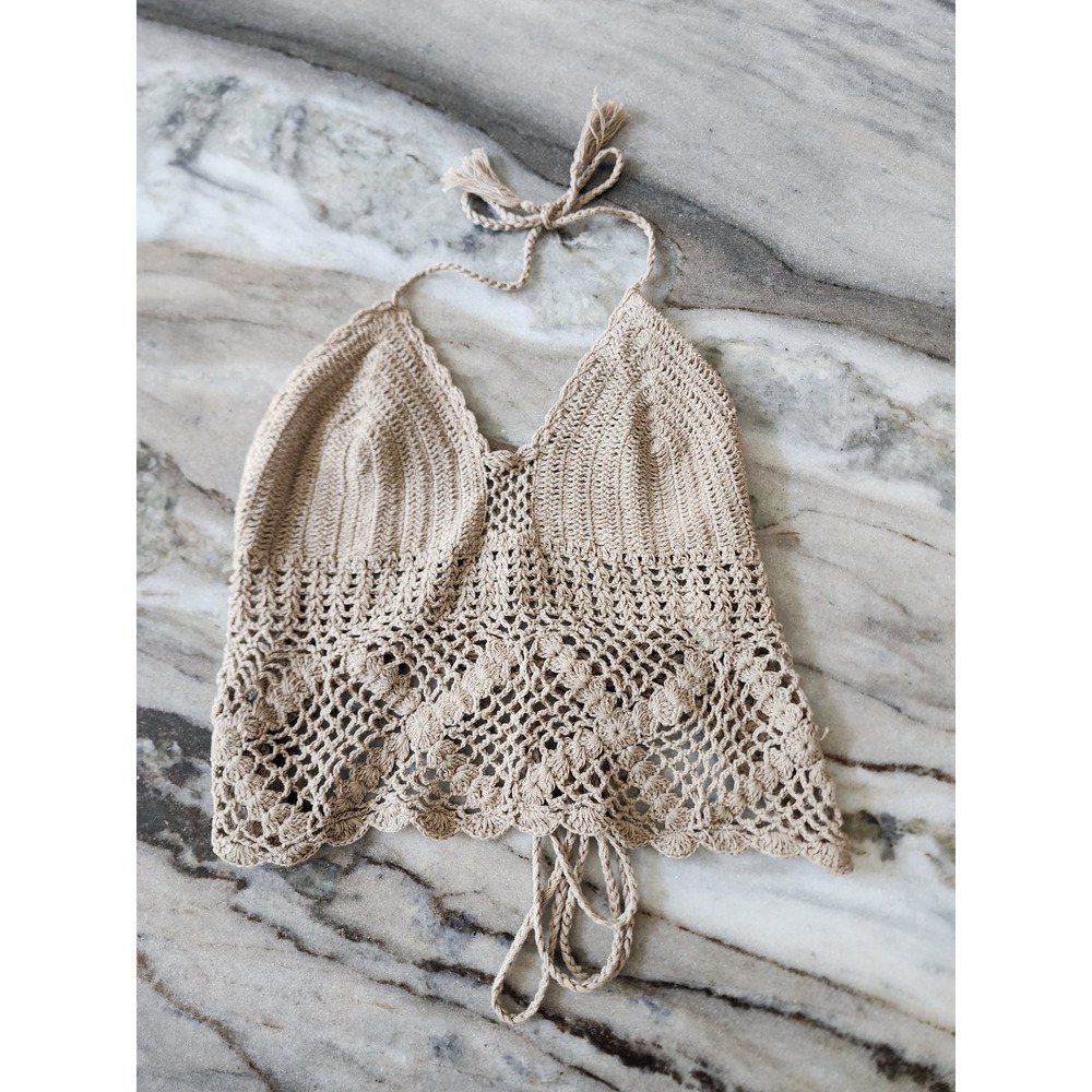 Lakhays Beige Crochet Halter Top 100% Cotton Boho Festival Floral Open Knit Top